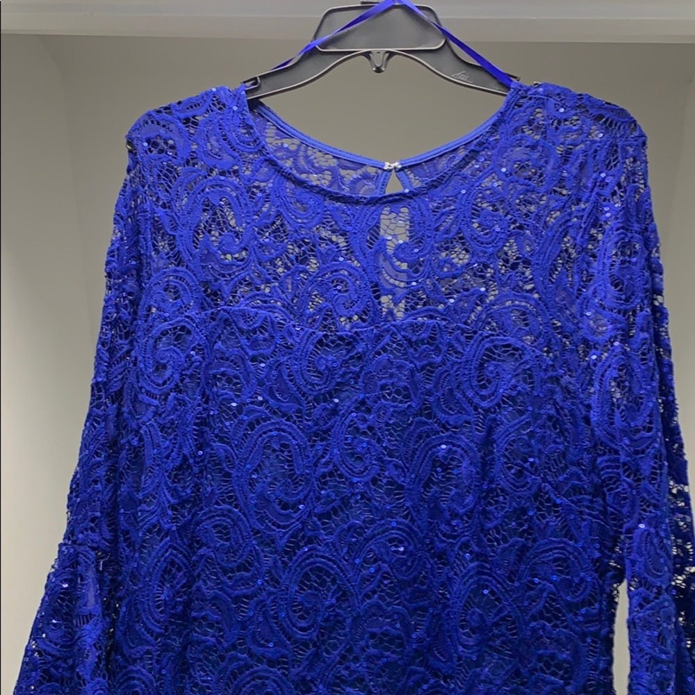 Royal blue lace and sequin dress with bell sleeves